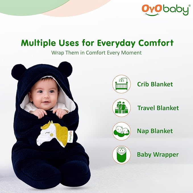 OYO BABY Wearable Hooded Swaddle Blanket for Newborn Babies – (0-6 Months, 72x68cm) Unisex Sleeping Bag Wrap (Dark Blue, Pack of 1)