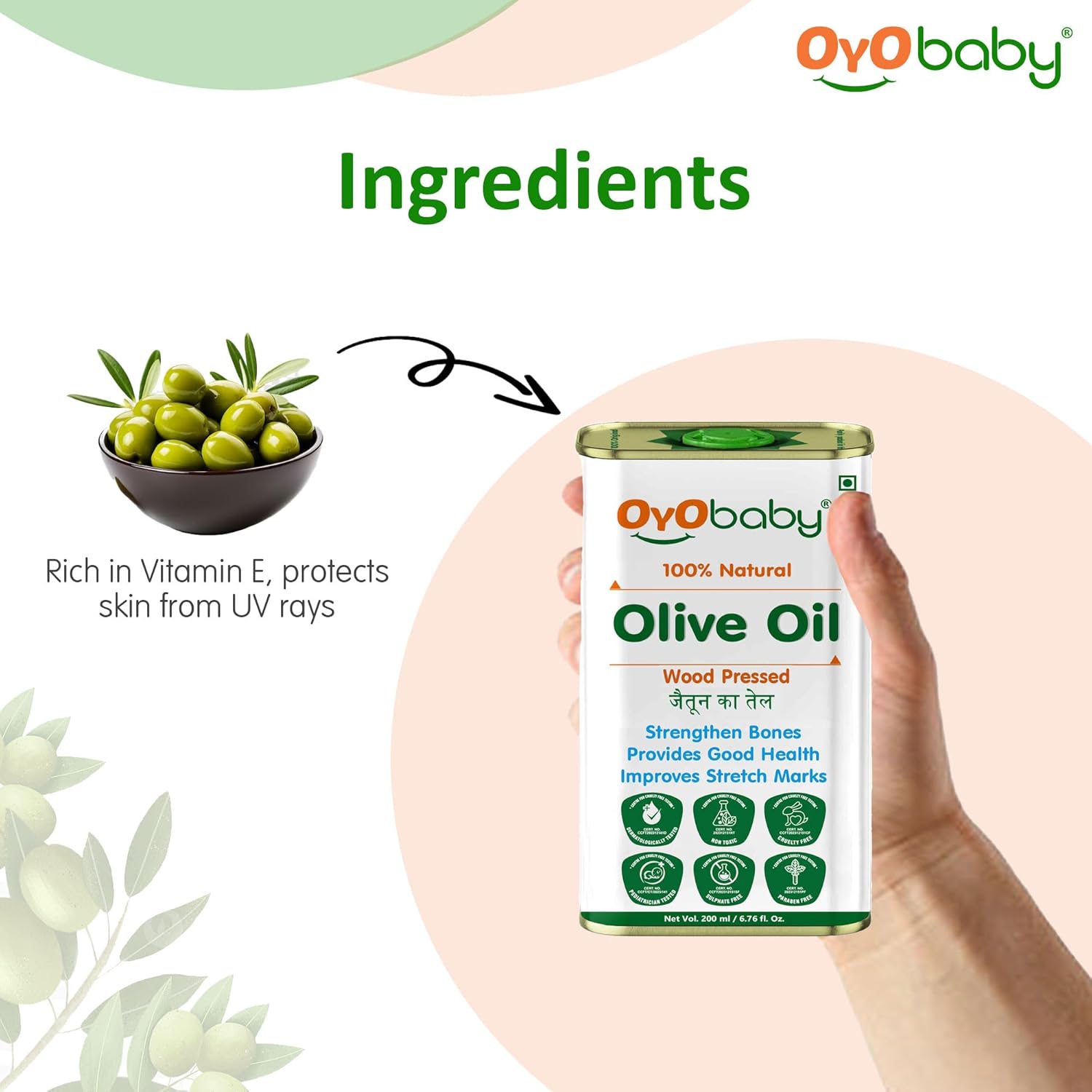 OYO BABY 100% Natural Baby Oil for New Born | Wood Pressed Olive Oil - Baby Hair Oil, Massage, Skin & - Pack Of 2-200ml