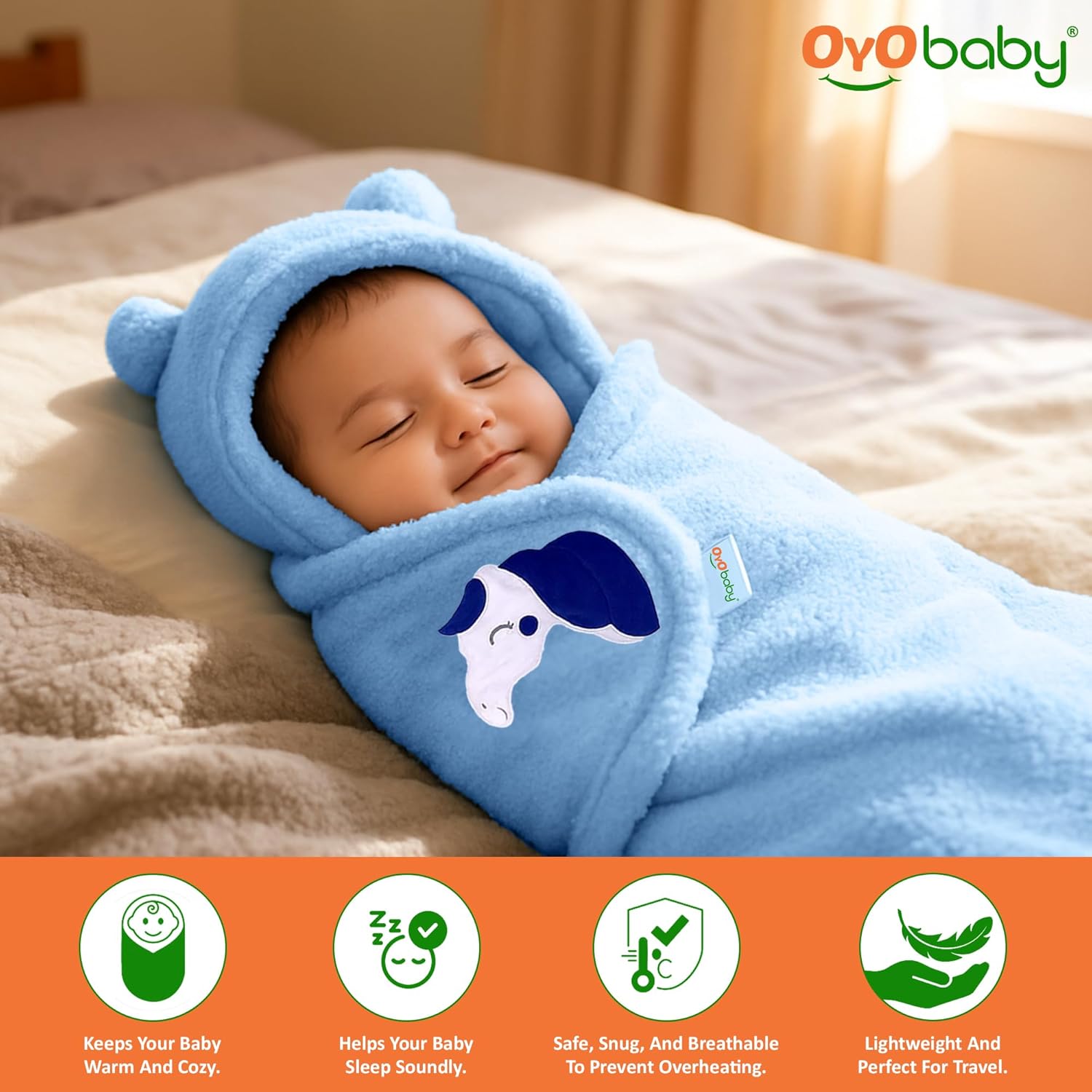 OYO BABY Newborn Baby Blanket Combo Pack – Hooded Sleeping Bag & Baby Blanket (0-12 Months, Bear Design & Unicorn Embroidery, Microfiber Fleece & Sherpa, (84x80 & 72x68 cm), Pack of 2