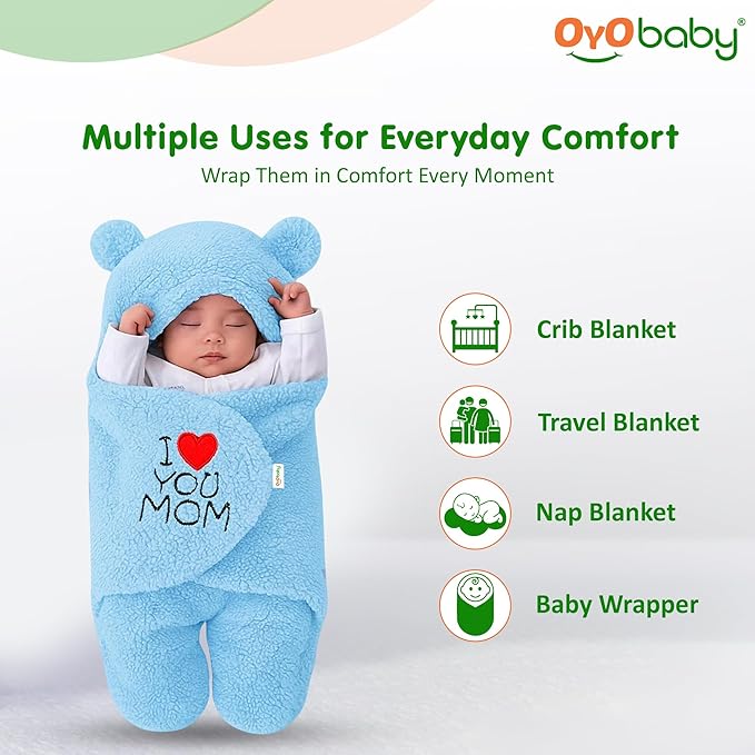 OYO BABY Newborn Baby Hooded Swaddle Blanket – Security Embroidered Wearable Wrapper Sleeping Bag (0-6 Months, 78x68cm, I Love MOM, Blue)