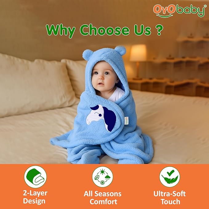 OYO BABY Super Soft Flannel Hooded Swaddle Blanket for Newborn Babies – Lightweight Wrap (0-6 Months, 72x68 cm) - Blue
