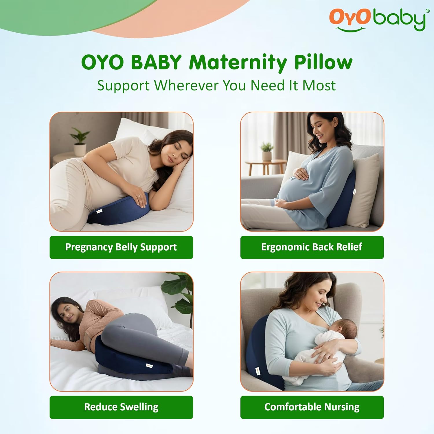 OYO BABY Memory Foam Pregnancy Support Pillow - Navy Blue | Wedge Pillow for Comfortable Sleep During Pregnancy | Provides Belly, Back & Hip Relief for Expecting Moms