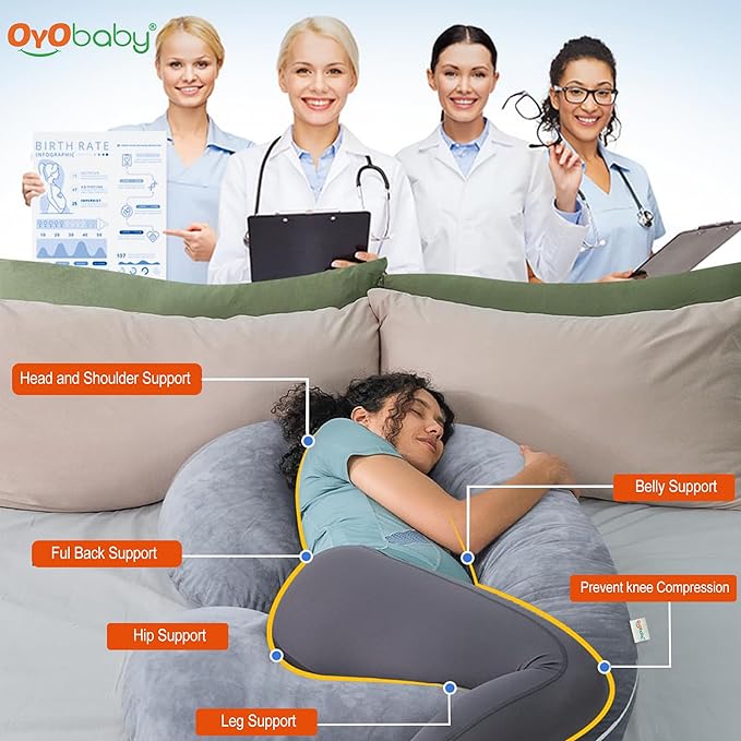 OYO BABY Maternity Pillows for Pregnant Women with Washable Premium Velvet Cover| Maternity Pillow with Removable Cover | Pregnancy Pillows for Sleeping | C-Shaped Maternity Pillow (Grey Color)