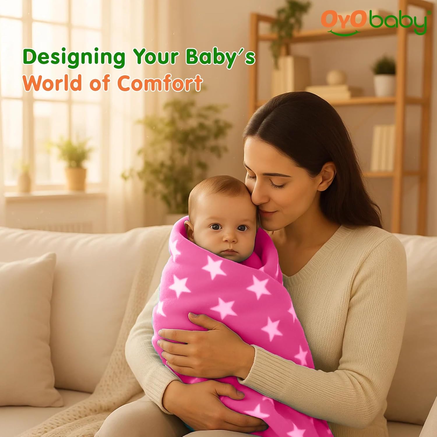 OYO BABY Baby Blankets Combo | for New Born Babies Baby Boys, Baby Girls, Babies for 0-6 Months, Fleece, Skin Friendly, 2 Blankets (Star Pink Square + Star Blue Hooded)