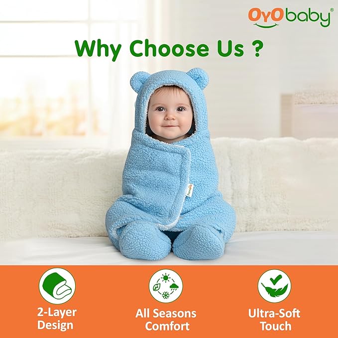 OYO BABY Super Soft Baby Blankets for Newborns – Pack of Hooded Swaddle Wrappers Cum Wearable Blankets for Boys & Girls