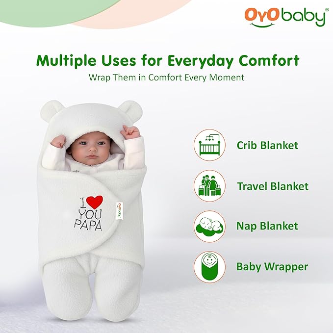 OYO BABY Newborn Hooded Swaddle Blanket – Wearable Wrapper Sleeping Bag (0-6 Months, 72x68 cm), White, I Love PAPA, Embroidery