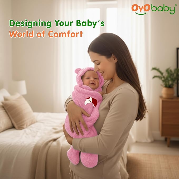 OYO BABY Super Soft Flannel Hooded Swaddle Blanket for Newborn Babies – Lightweight Wrap (0-6 Months, 72x68 cm) - Pink