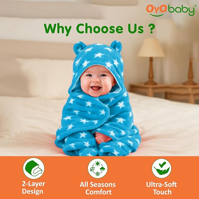 OYO BABY Ultra-Soft Baby Swaddle Wrap Blanket with Hood & Booties – Warm Fleece Sleeping Bag for Newborns (0–6 Months 72 * 68 cm) – Star Print, Grey & Blue