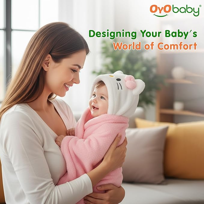 OYO BABY Newborn 3-in-1 Swaddle Blanket with Animal Hood – Soft All-Season Kids Blanket for (0–12 Months, 84x80cm), Skin-Friendly, Pink Kitty Design, Perfect Baby Shower Gift