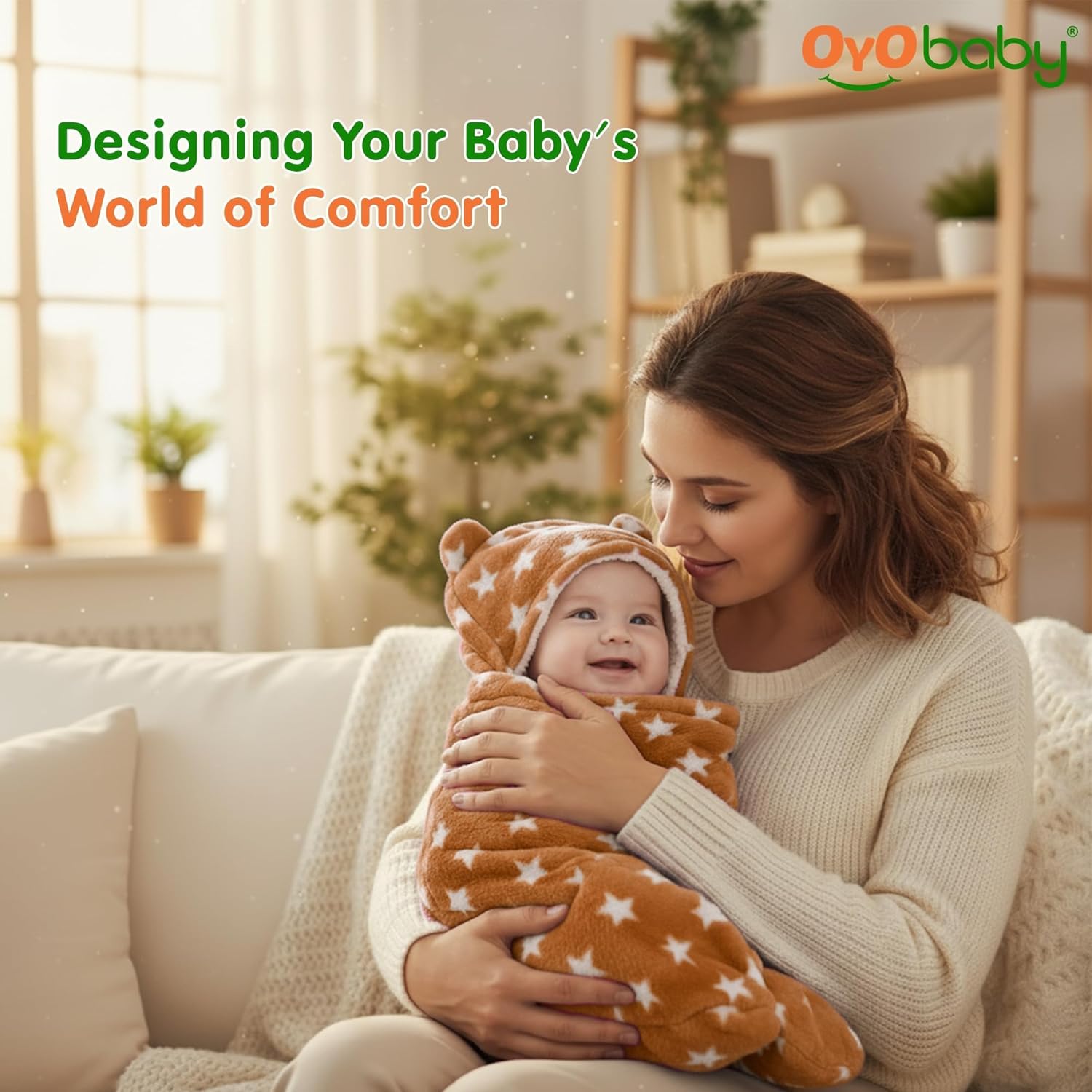 OYO BABY Ultra-Soft Baby Swaddle Wrap Blanket with Hood & Booties – Warm Fleece Sleeping Bag for Newborns (0–6 Months 72 * 68 cm) – Star Print, Beige & Pink