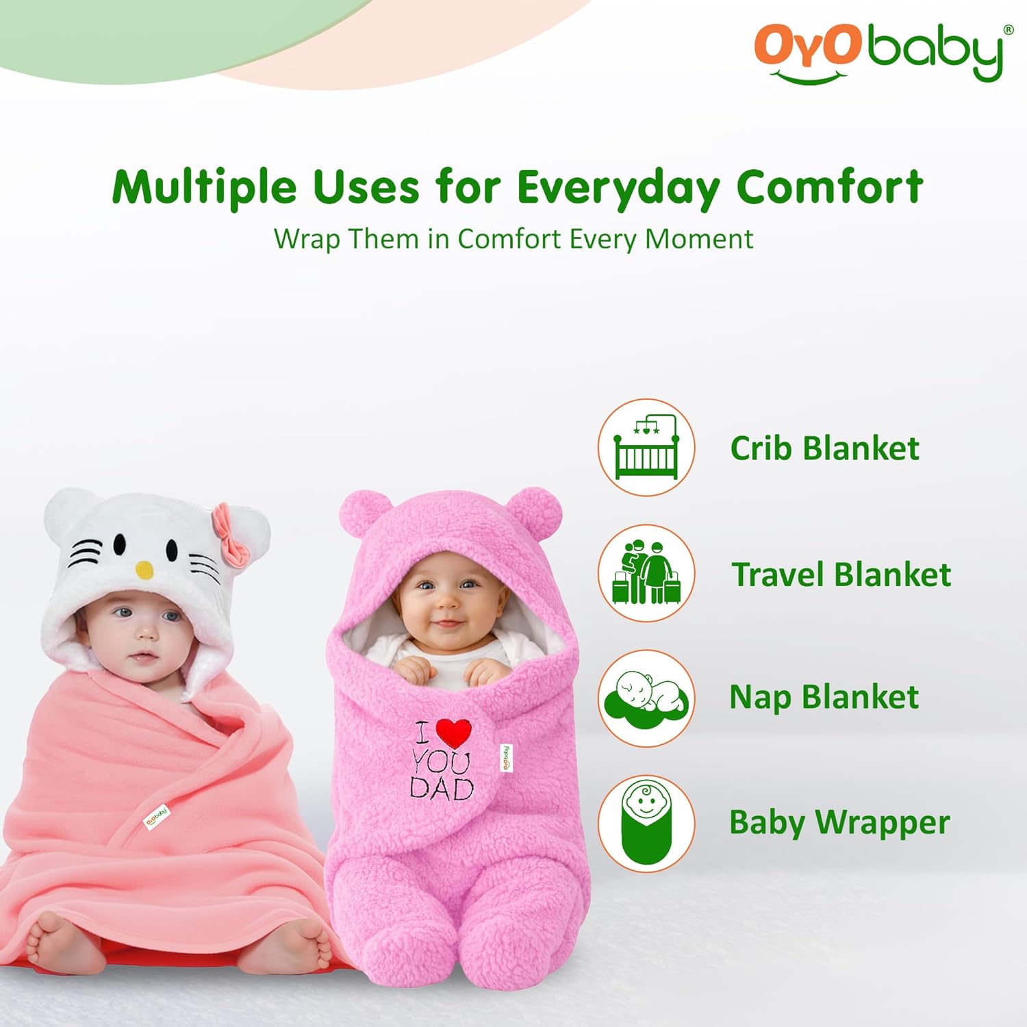 OYO BABY Soft Cotton Baby Blanket Pack – Pink Kitty & Dad Pink, 0–12 Months | Gentle & Breathable Infant Swaddle Wrap, Cozy Newborn Blanket for Sleep, Travel & Nursery, Perfect Baby Shower Gift