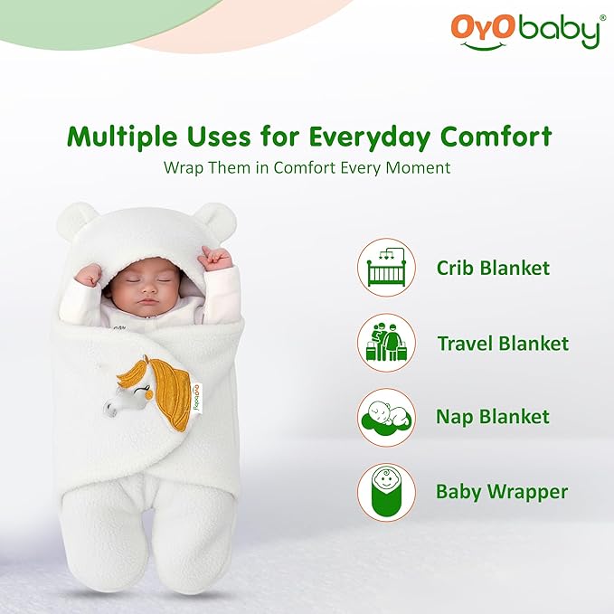 OYO BABY Wearable Hooded Swaddle Blanket for Newborn Babies – 0-6 Months, 72x68 cm, Unisex Sleeping Bag Wrap (White, Pack of 1)