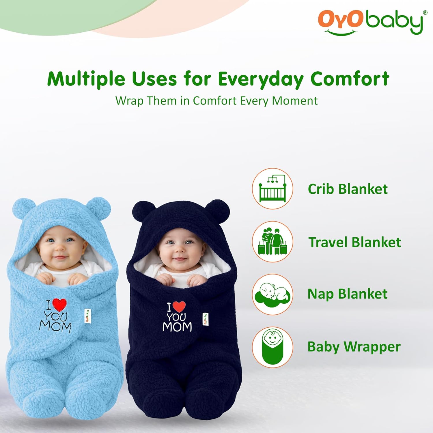 OYO BABY Newborn Baby Hooded Swaddle Blanket Combo – 2 Pcs Embroidered Wearable Wrappers/Sleeping Bags (0-6 Months, 72x68 cm) - Blue +Dark Blue, I Love Mom