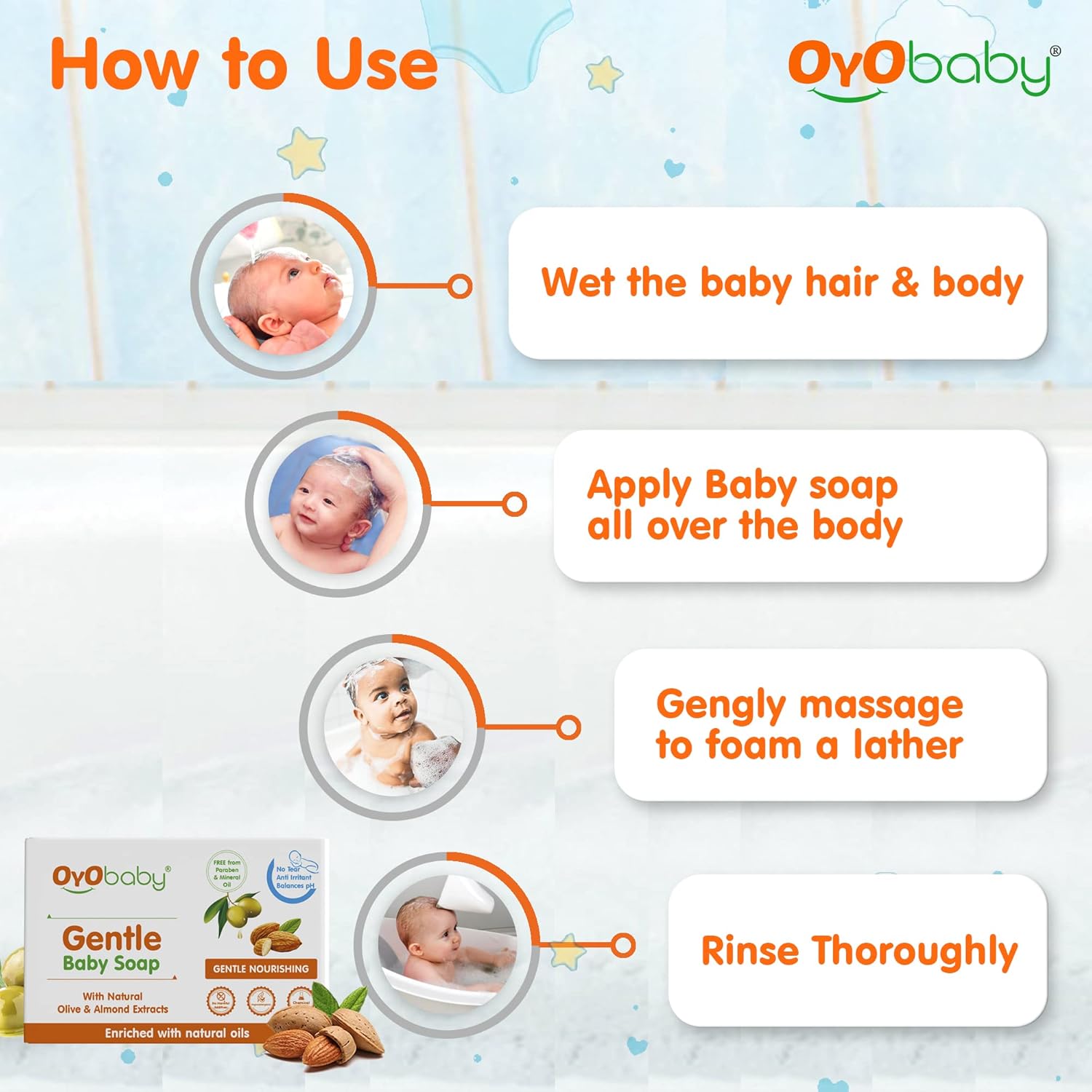 OYO BABY Gentle Baby Bathing Soap Bar - 75g | Baby Bathing Soap Bar with Natural Olive & Almond | Skin-Friendly Cleansing Soap for Soft Baby Skin