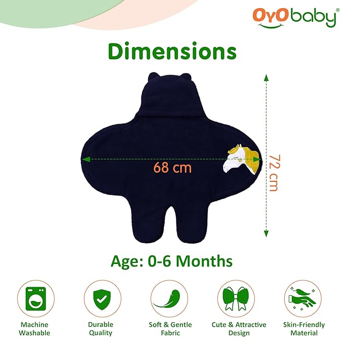 OYO BABY Wearable Hooded Swaddle Blanket for Newborn Babies – (0-6 Months, 72x68cm) Unisex Sleeping Bag Wrap (Dark Blue, Pack of 1)