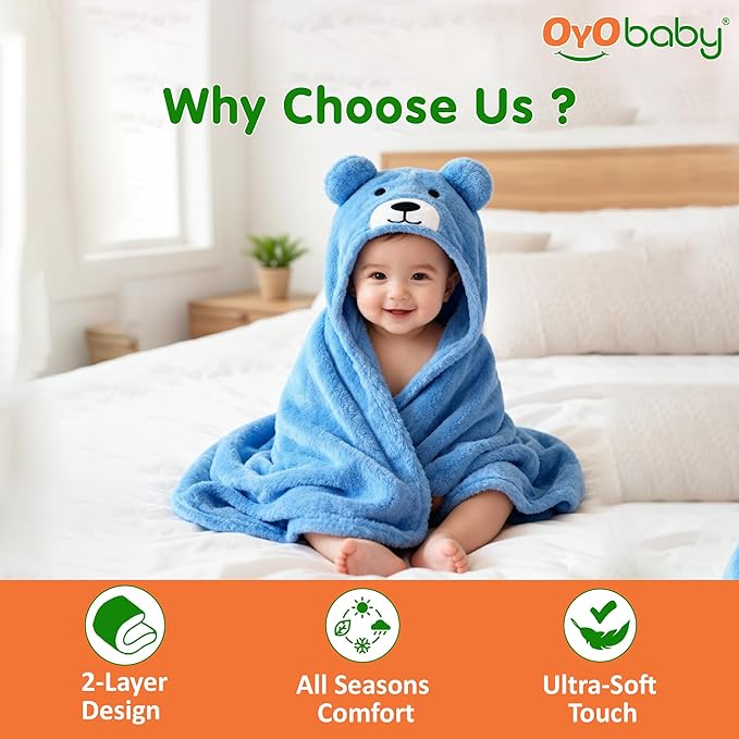 OYO BABY Newborn 3-in-1 Swaddle Blanket with Animal Hood – Soft All-Season Kids Blanket for (0–12 Months, 84x80cm), Skin-Friendly, Blue Bear Design, Perfect Baby Shower Gift