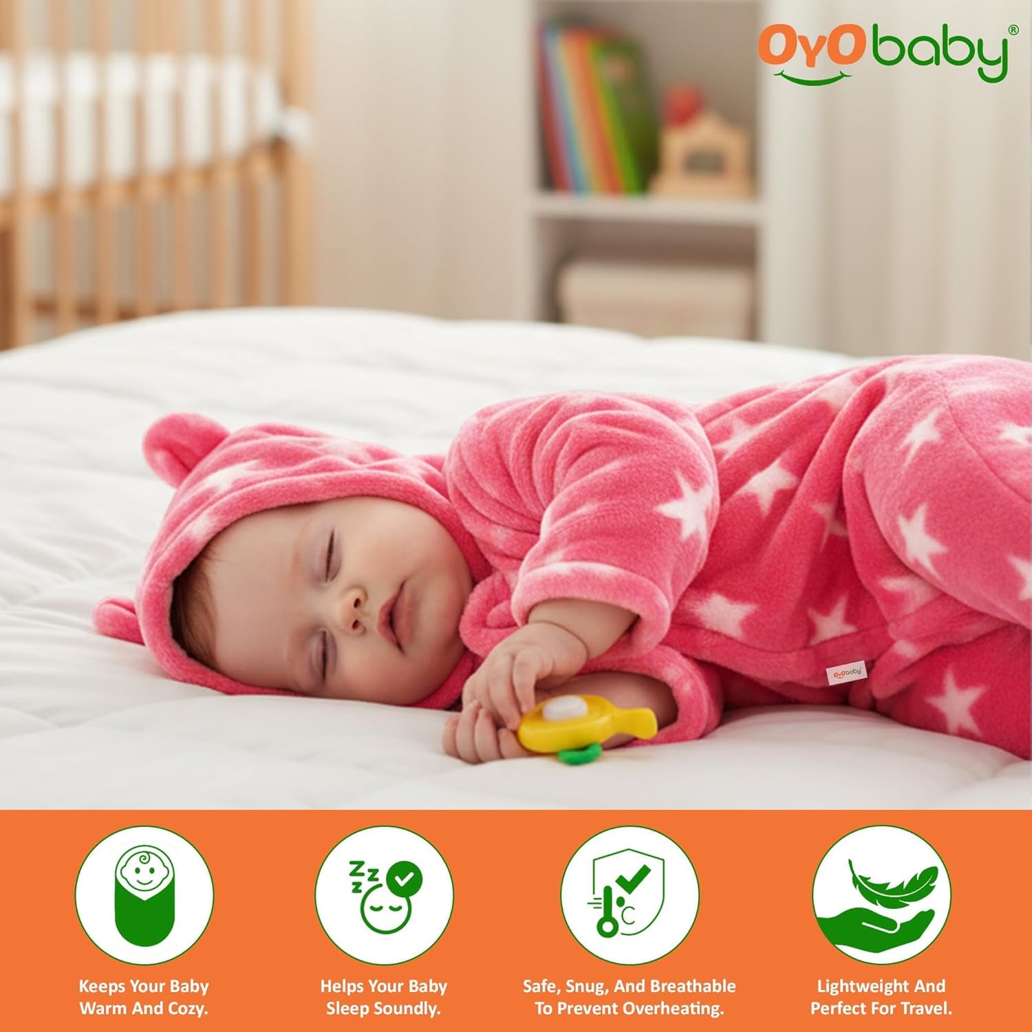 OYO BABY Ultra-Soft Baby Swaddle Wrap Blanket with Hood & Booties – Warm Fleece Sleeping Bag for Newborns (0–6 Months 72 * 68 cm) – Star Print, Beige & Pink