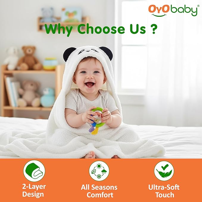 OYO BABY Newborn 3-in-1 Swaddle Blanket with Animal Hood – Soft All-Season Blanket for (0–12 Months, 84x80cm), Skin-Friendly, White Panda Design, Perfect Baby Shower Gift