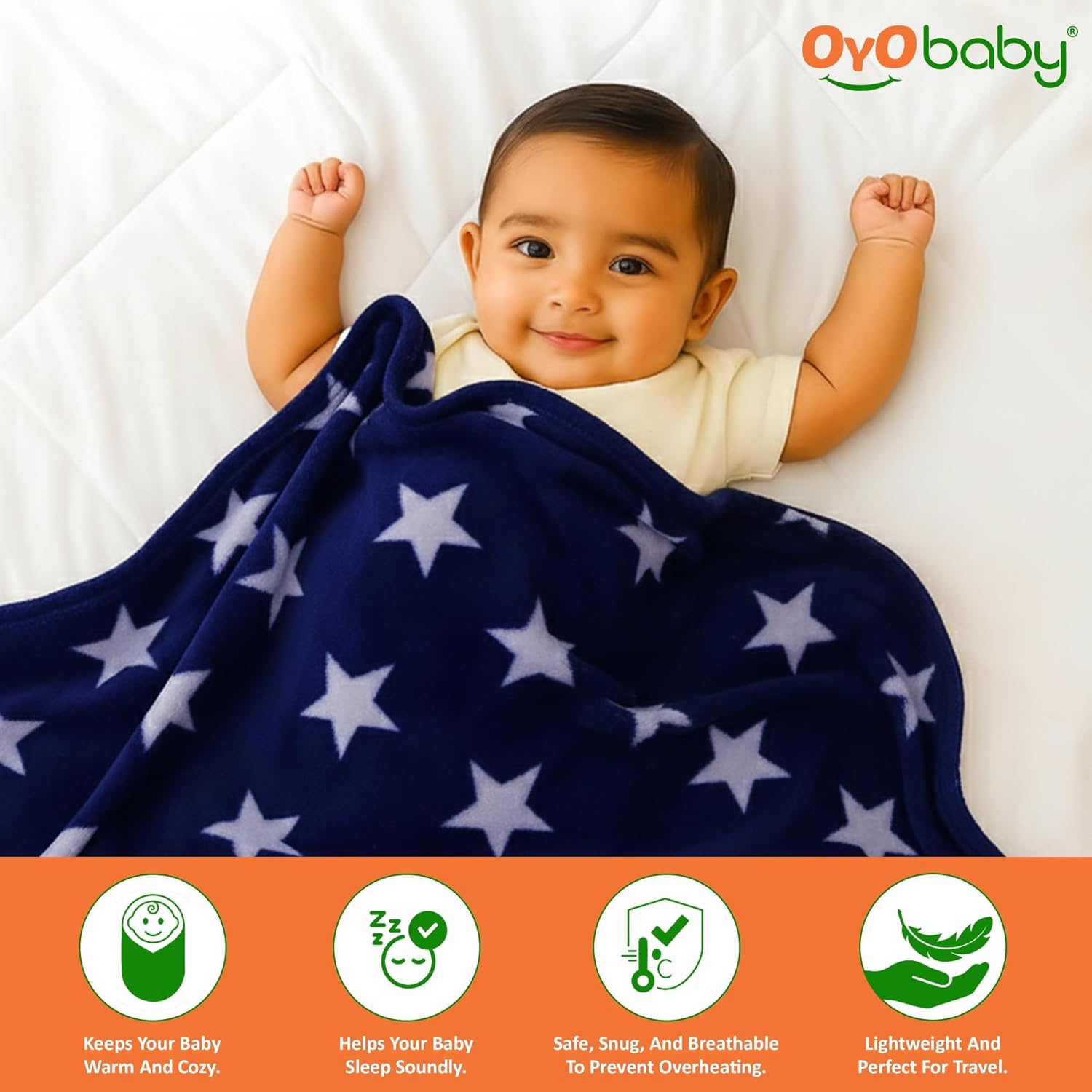 OYO BABY Baby Blankets Combo | for New Born Babies Baby Boys, Baby Girls, Babies for 0-6 Months, Fleece, Skin Friendly, 2 Blankets (Star Dark Blue Square + Star Grey Hooded)