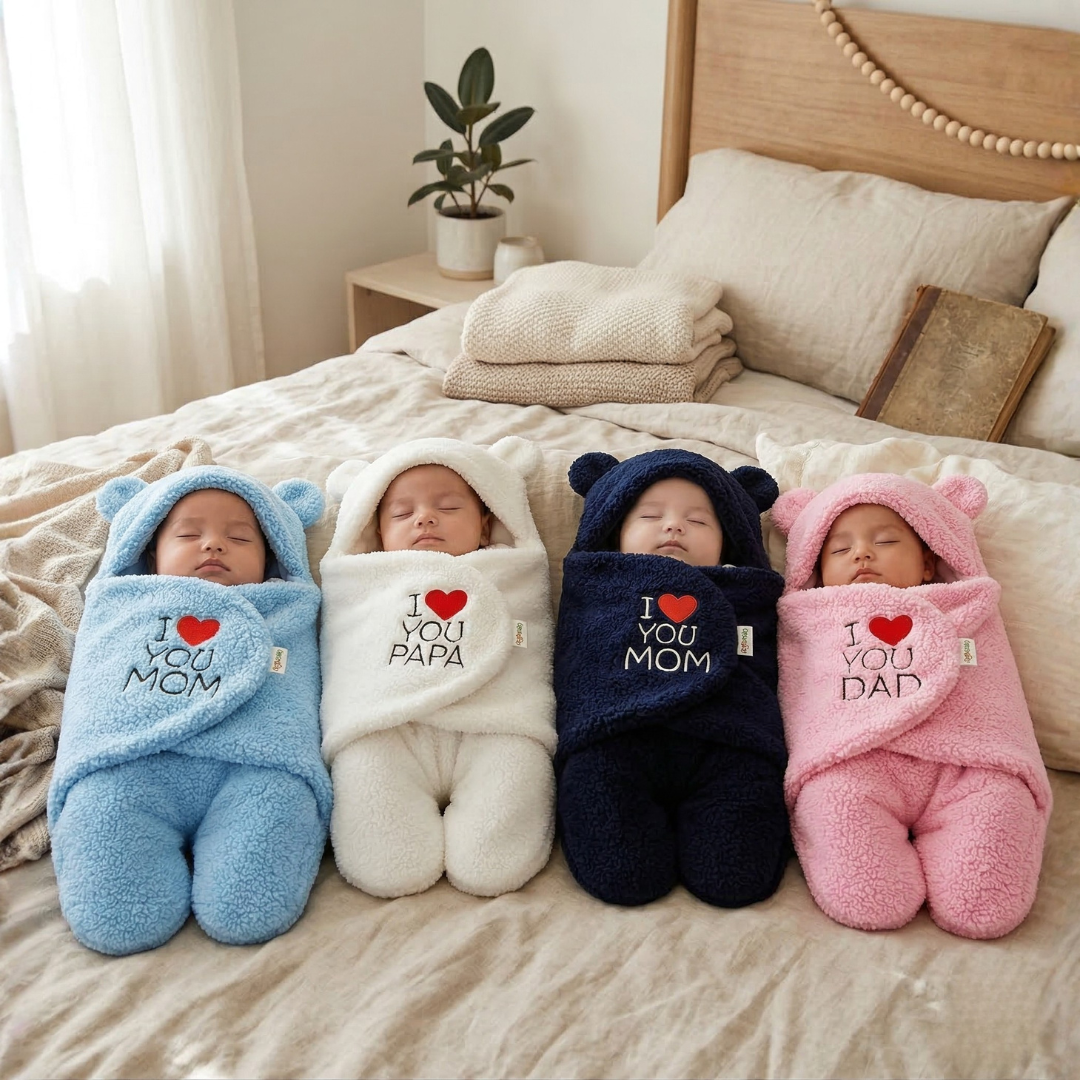 OYO BABY Newborn Hooded Swaddle Blanket Combo – Wearable Wrapper Sleeping Bags (0-6 Months, 72x68cm), Blue & White, I Love MOM & PAPA Embroidery