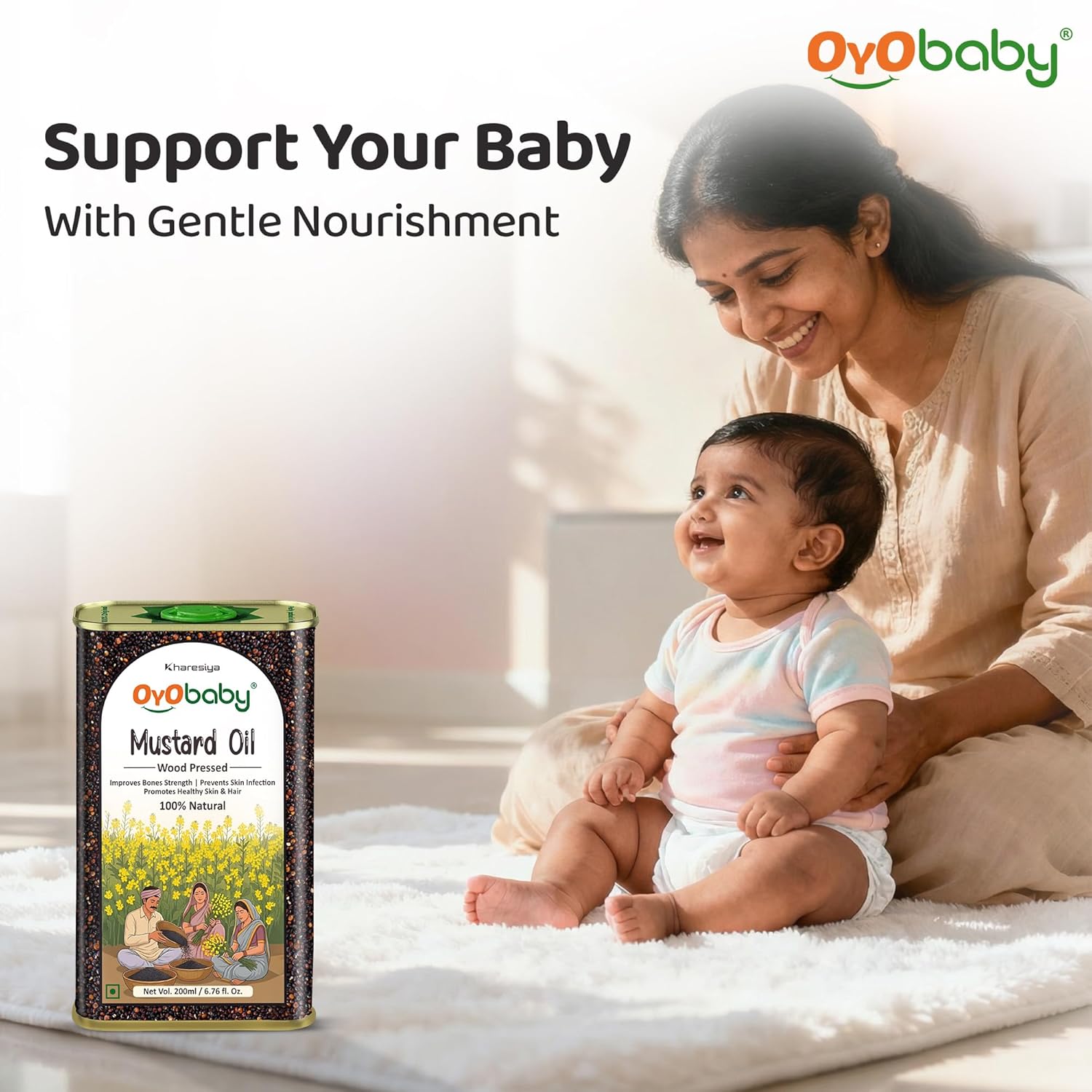 100% Natural Wood Pressed Baby Hair Oil for New Born With Mustard Baby Oil | Mustard Oil For New Born Baby Massage, Skin & Hair Care | 200ml