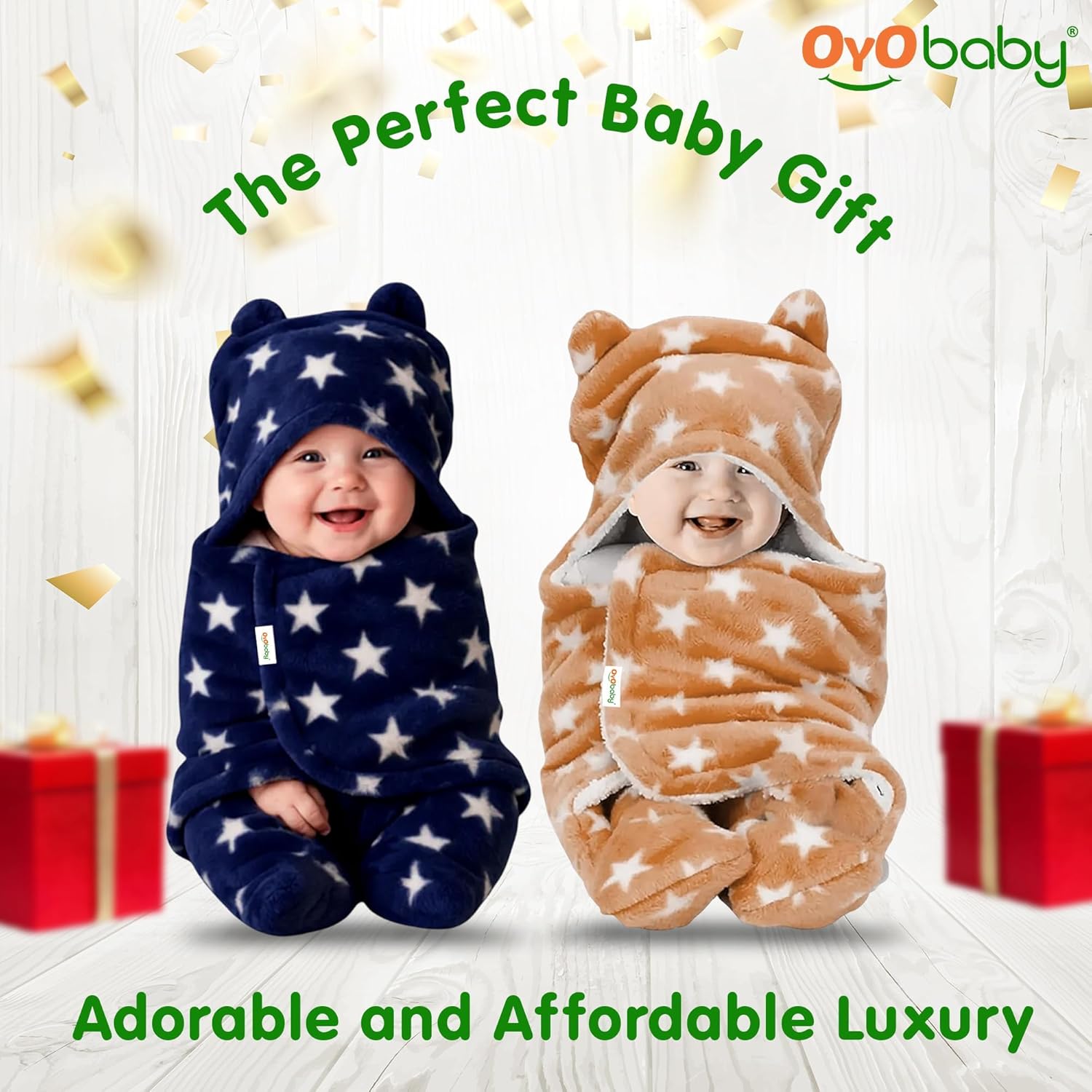 OYO BABY Baby Hooded Blankets Combo | for New Born Babies Baby Boys, Baby Girls, Babies for 0-6 Months, Fleece, Skin Friendly, 2 Blankets (Star Beige+ Star DAR Blue)