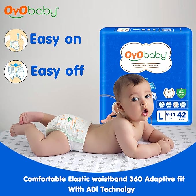 OYO BABY Diapers | Long Lasting Dry Night & Comfortable Sleep Style Diaper Pants, Size 9-14 kg baby 42 Count (Pack of 1), & OYO BABY Soft Cleaning with Aloe Vera Baby Wipes Lids 72 Counts (Combo Pack)