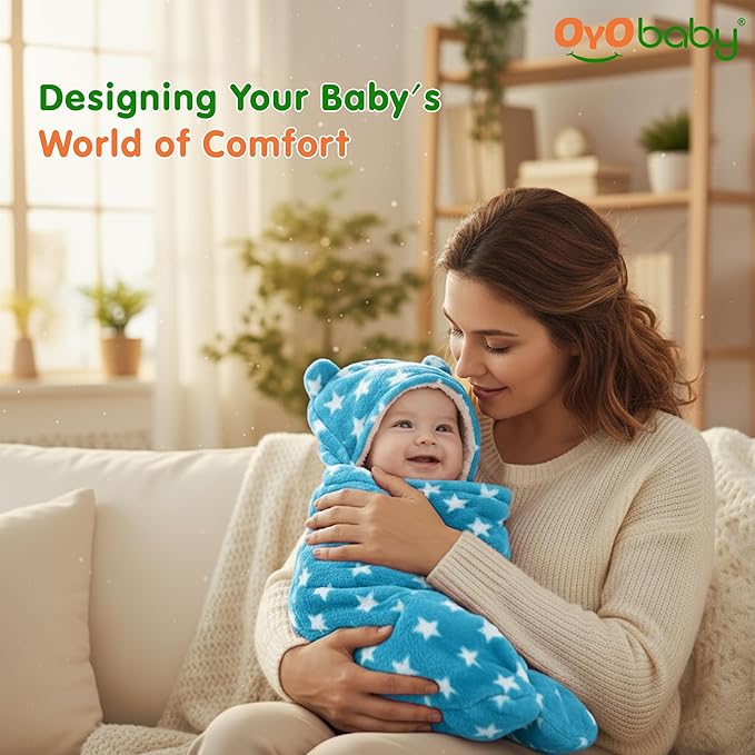 OYO BABY Ultra-Soft Baby Swaddle Wrap Blanket with Hood & Booties – Warm Fleece Sleeping Bag for Newborns (0–6 Months 72 * 68 cm) – Star Print, Grey & Blue