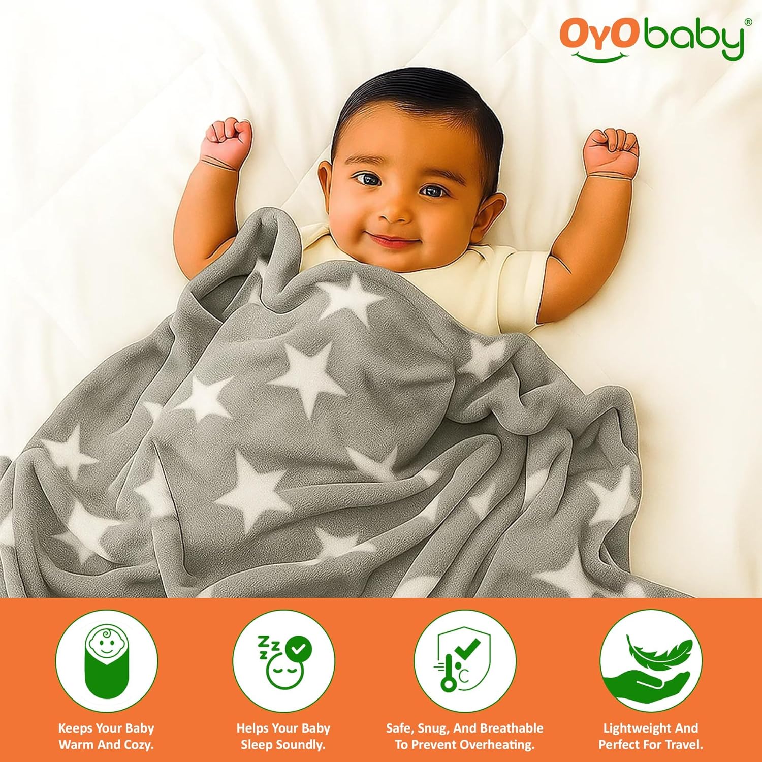 OYO BABY Soft Fleece Baby Blanket with Star Print Blue| Newborn Swaddle Wrap | Ultra Cozy, Lightweight & Breathable | Infant Bedding | Baby Shower Gift | 0-24 Months 100 * 75 cm | Unisex Baby Blanket