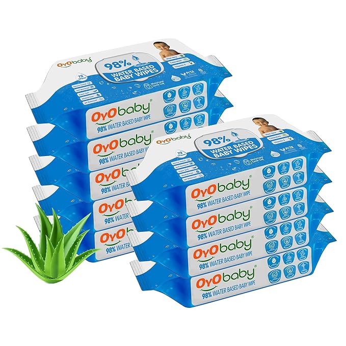 OYO BABY Wipes for new born baby with Lid | 72 Wipes x Pack of 9-648 Wipes for kid | Extra Thick & Moist Wet Vipes for Babies | Prevents Skin Redness & Rashes | Enriched with Aloe Vera, Vitamin E