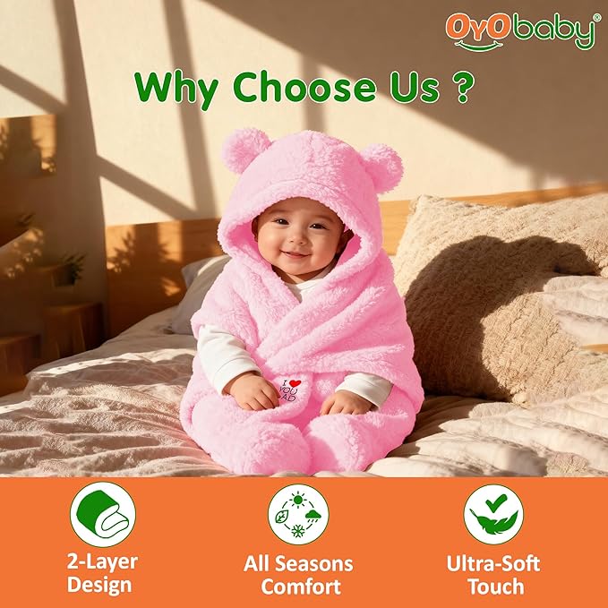 OYO BABY Newborn Baby Hooded Swaddle Blanket – Embroidered Wearable Wrapper Sleeping Bag (0-6 Months,72x68, I Love DAD, Pink