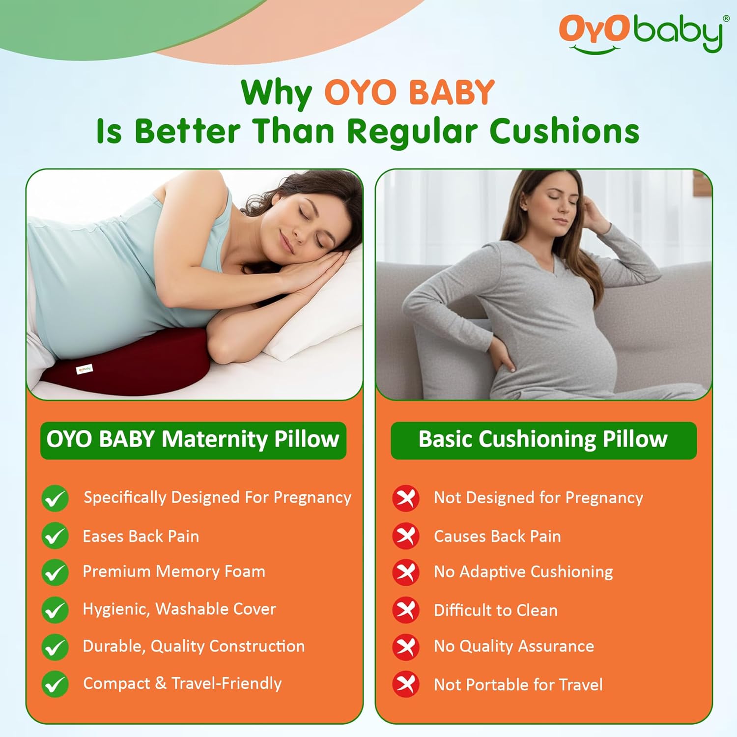 OYO BABY Memory Foam Maternity Pillow Wedge - Maroon | Full Pregnancy Support for Belly, Back, Hips & Legs | Ideal for Side Sleepers & Relaxation