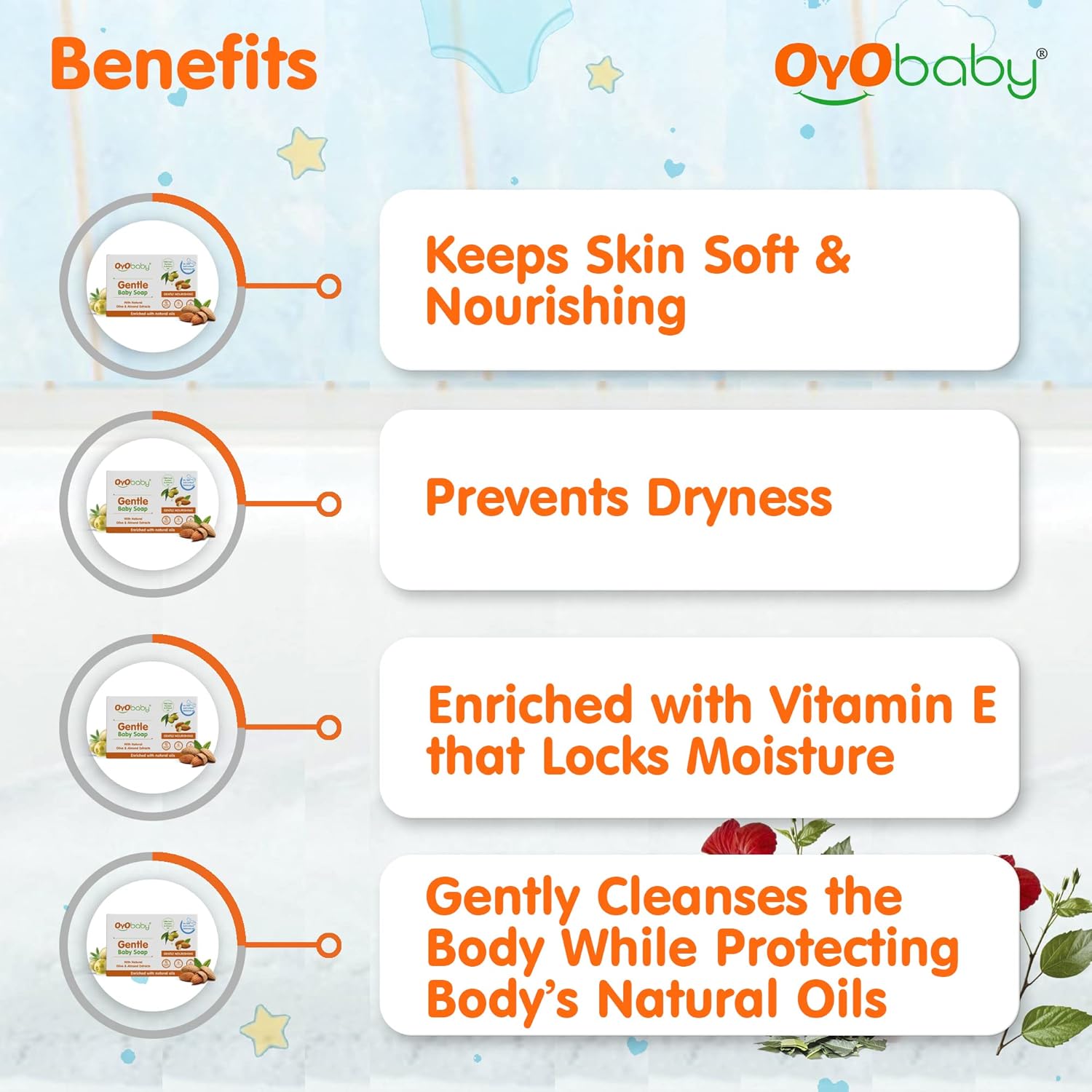 OYO BABY Gentle Baby Bathing Soap Bar - 75g | Baby Bathing Soap Bar with Natural Olive & Almond | Skin-Friendly Cleansing Soap for Soft Baby Skin