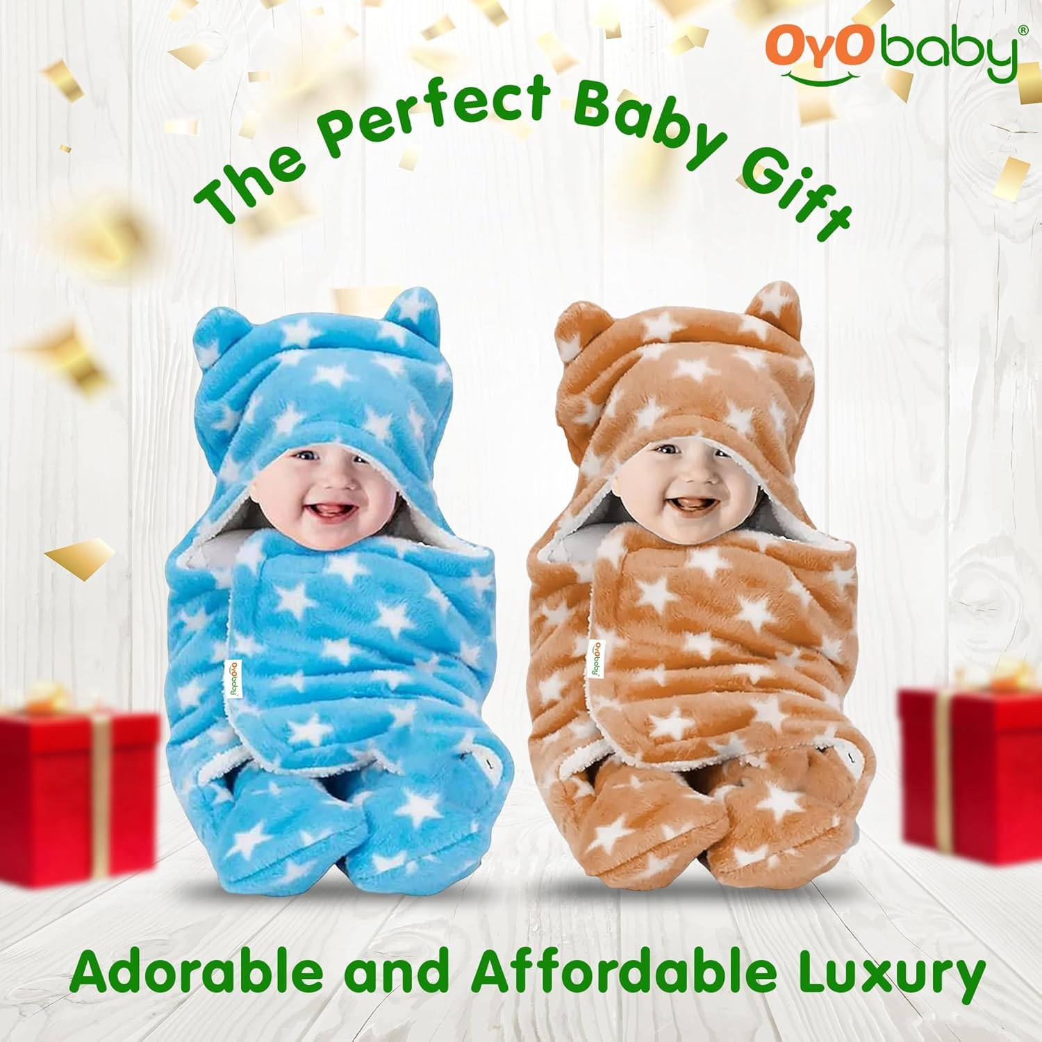 OYO BABY Ultra-Soft Baby Swaddle Wrap Blanket with Hood & Booties – Warm Fleece Sleeping Bag for Newborns (0–6 Months 72 * 68 cm) – Star Print, Beige & Blue
