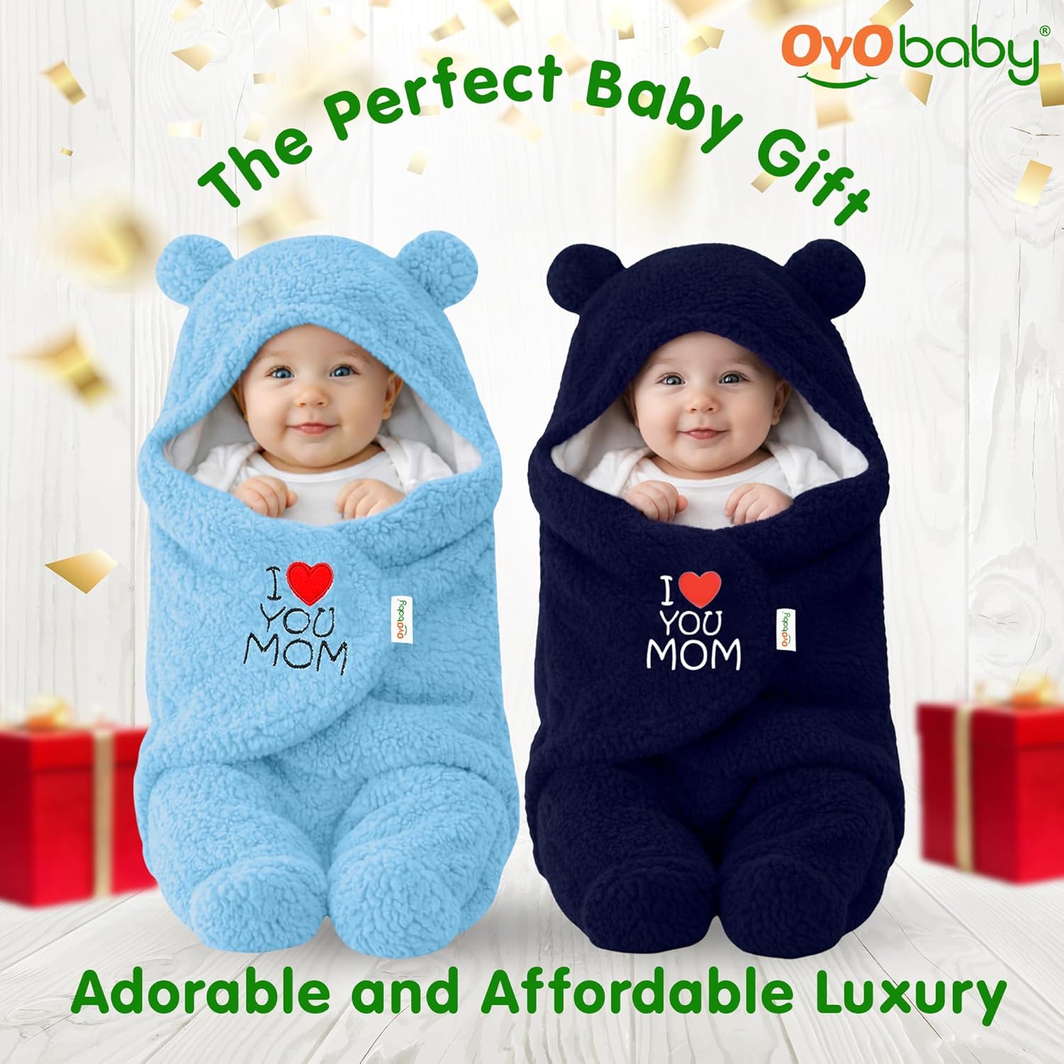 OYO BABY Newborn Baby Hooded Swaddle Blanket Combo – 2 Pcs Embroidered Wearable Wrappers/Sleeping Bags (0-6 Months, 72x68 cm) - Blue +Dark Blue, I Love Mom