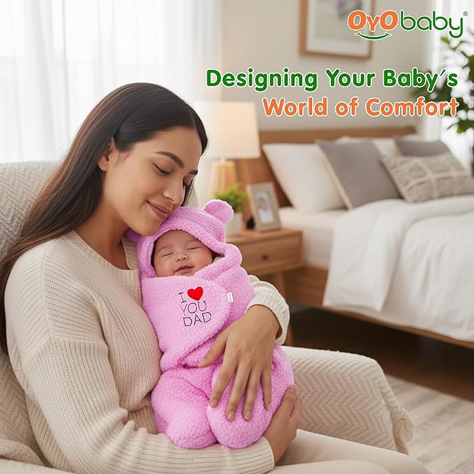 OYO BABY Newborn Baby Hooded Swaddle Blanket – Embroidered Wearable Wrapper Sleeping Bag (0-6 Months,72x68, I Love DAD, Pink