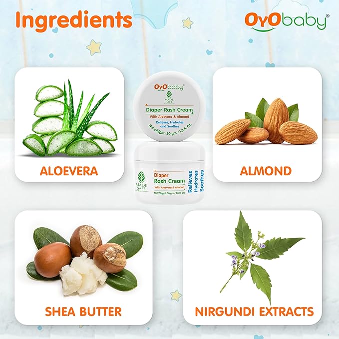 OYO BABY Diaper Rash Cream, 50g | Natural Nappy Cream for Newborns & Babies | Prevents & Treats Diaper Rash | Enriched with Aloe Vera & Almond