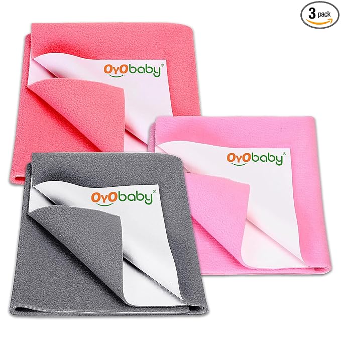 OYO BABY Breathable Baby Dry Sheets Small 70×50 cm Combo | Waterproof, Quick-Dry Mattress Protectors | Soft, Reusable Fleece | for Newborn to 6 Months - Salmon Rose + Pink + + Grey