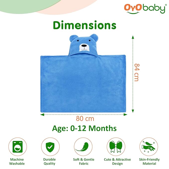 OYO BABY Newborn 3-in-1 Swaddle Blanket with Animal Hood – Soft All-Season Kids Blanket for (0–12 Months, 84x80cm), Skin-Friendly, Blue Bear Design, Perfect Baby Shower Gift
