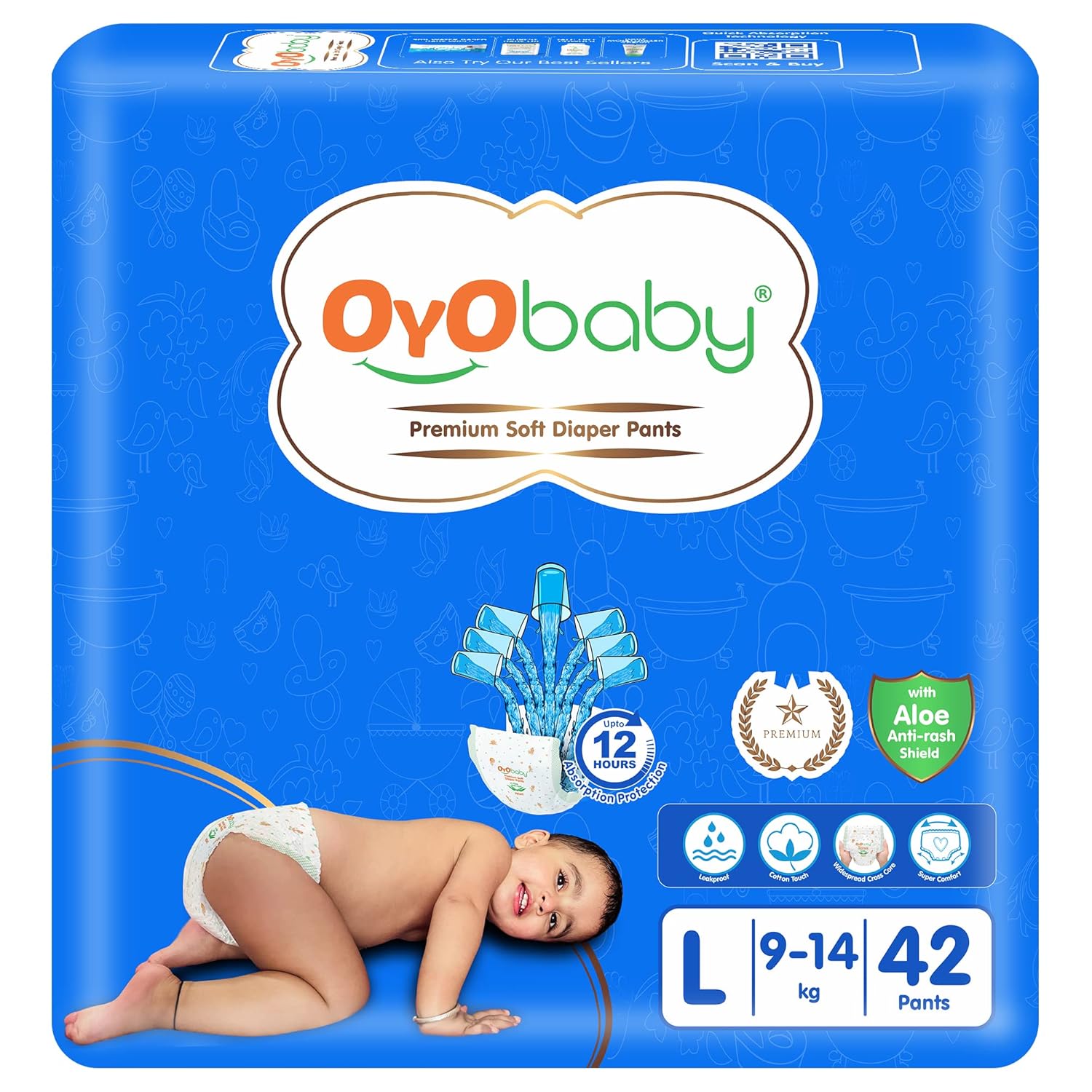 OYO BABY Pant Style Baby Diapers, Large (L), 42 Count, for Babies 9-14kg, with Aloe Vera Lotion for Rash Protection & Up to 12 Hours Protection