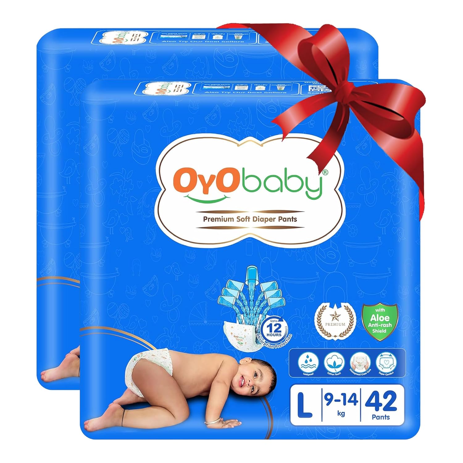 OYO BABY Pant Style Baby Diapers, Large (L), 42 Count, for Babies 9-14kg, with Aloe Vera Lotion for Rash Protection & Up to 12 Hours Protection