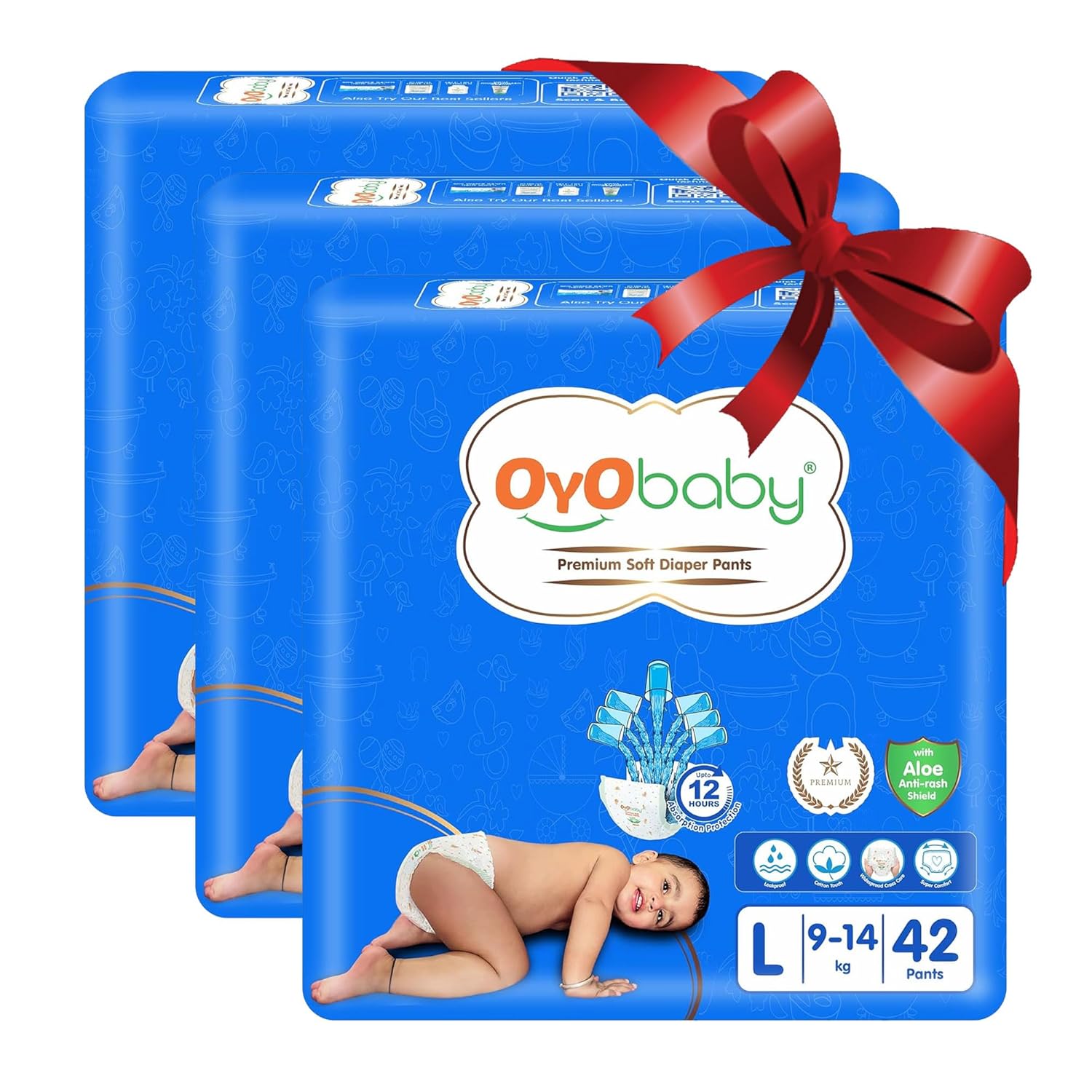 OYO BABY Pant Style Baby Diapers, Large (L), 42 Count, for Babies 9-14kg, with Aloe Vera Lotion for Rash Protection & Up to 12 Hours Protection