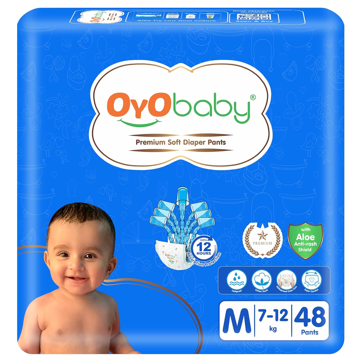 OYO BABY Baby Diaper Pants M Size (Medium), with Aloe Vera Lotion for Rash Protection, Pack of 48 Count, with Upto 12Hr Protection for Babies of 7 to 12Kg