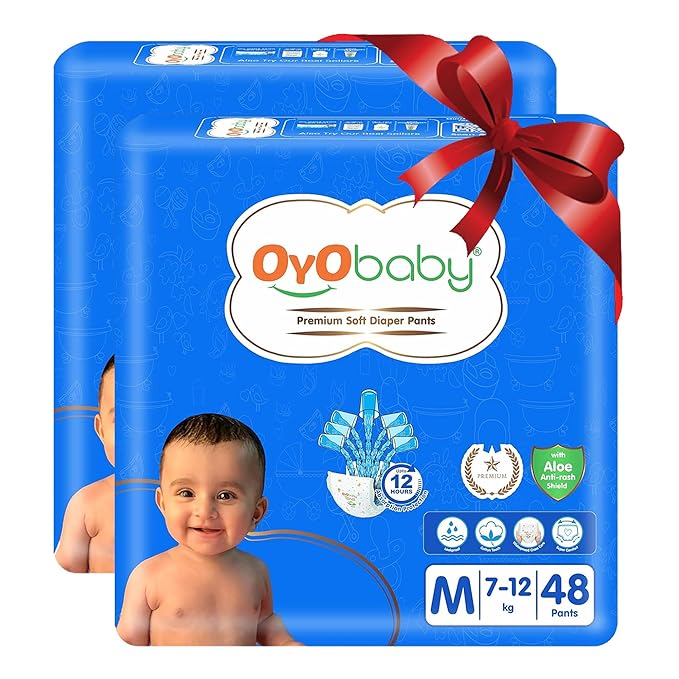OYO BABY Baby Diaper Pants M Size (Medium), with Aloe Vera Lotion for Rash Protection, Pack of 48 Count, with Upto 12Hr Protection for Babies of 7 to 12Kg