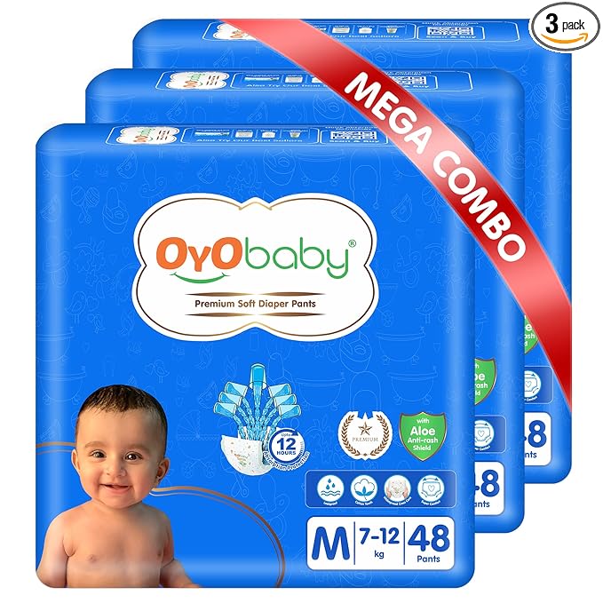 OYO BABY Baby Diaper Pants M Size (Medium), with Aloe Vera Lotion for Rash Protection, Pack of 48 Count, with Upto 12Hr Protection for Babies of 7 to 12Kg