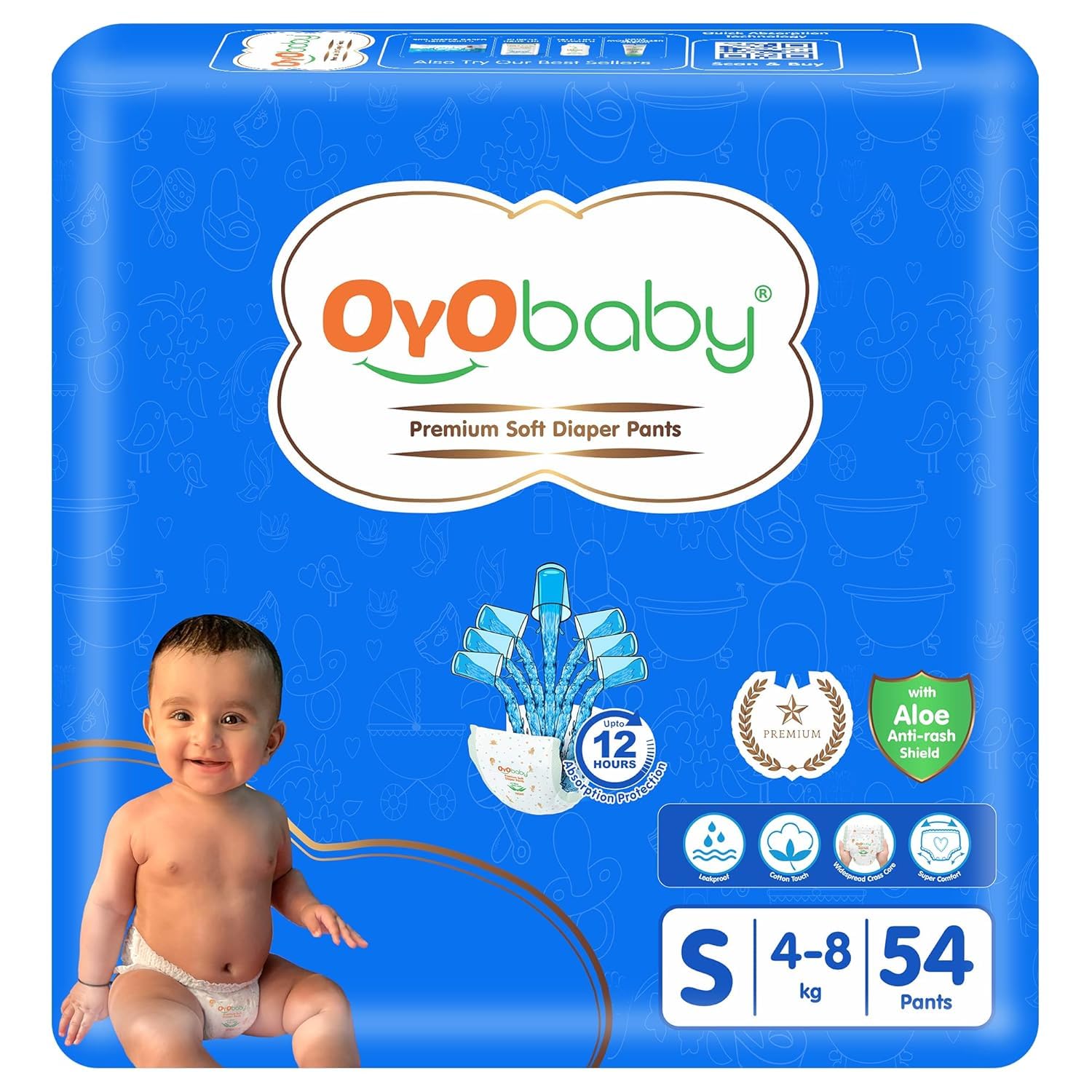 OYO BABY Diaper Premium Pants, Small size baby diapers Pants, Anti Rash diapers, Lotion with Aloe Vera |12 Hours Protection