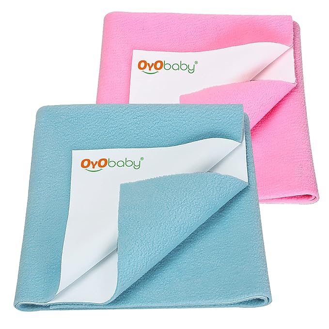 OYO BABY Extra Absorbent Waterproof Baby Dry Sheet Medium Size (100x70cm) – Pack of 2 – Quick Dry Sheet for Bed Protector, Soft & Breathable Pink + Blue