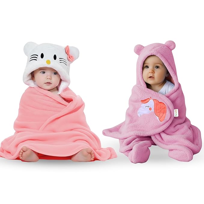 OYO BABY Polycotton Newborn Baby Blanket Combo – Hooded Wrapper Sleeping Bag & Baby Bath Towel (0-12 Months), Baby Boys & Girls, Pink Kitty & Unicorn, Pack of 2