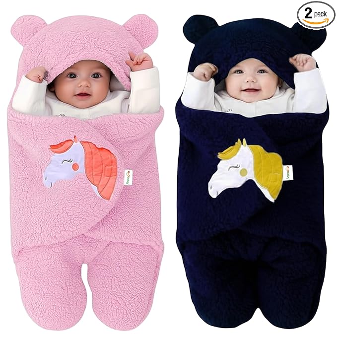 OYO BABY Newborn Baby Blanket Combo Pack – 2 Pcs Super Soft Micro Fleece Wrapper/Sleeping Bag (0-6 Months, 72x68 cm, Pink & Dark Blue, Skin-Friendly, Boys & Girls)