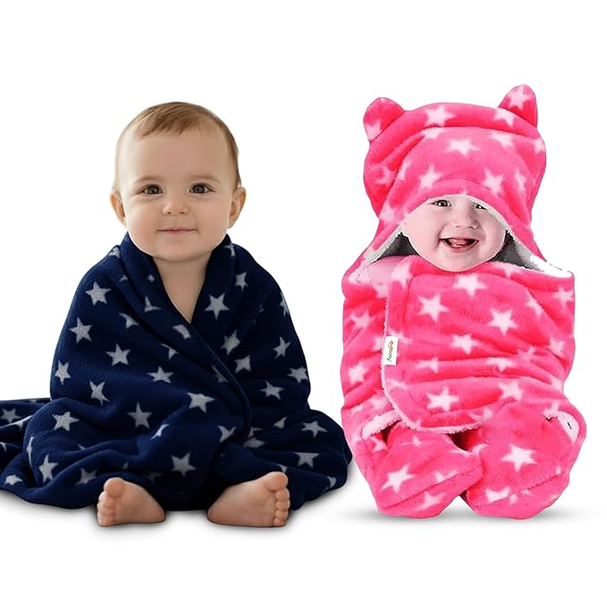 OYO BABY Baby Blankets Combo | for New Born Babies Baby Boys, Baby Girls, Babies for 0-6 Months, Fleece, Skin Friendly, 2 Blankets (Star Dark Blue Square + Star Pink Hooded)
